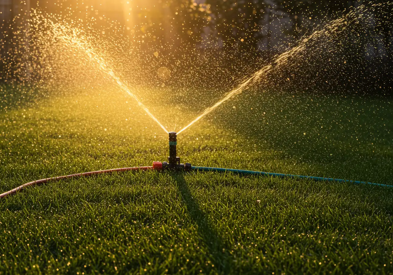An atmospheric image depicting a garden sprinkler (oscillating or impact type) actively watering a lush green lawn during the very early morning. The sun is just rising, casting a warm, golden light across the scene and creating long shadows. Fine water droplets from the sprinkler should catch the golden light. The overall mood is peaceful and efficient.