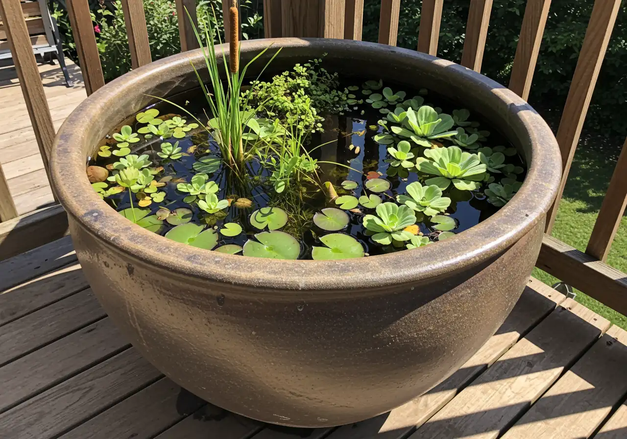 A visually appealing setup of a container water garden placed on a wooden deck or stone patio. The container is a large, attractive sealed pot (e.g., glazed ceramic or faux stone trough). Inside, clear water holds a mix of aquatic plants like dwarf water lilies with pads, upright marginal plants like miniature cattails or irises, and floating plants like water hyacinth. Bright, natural light illuminates the scene.