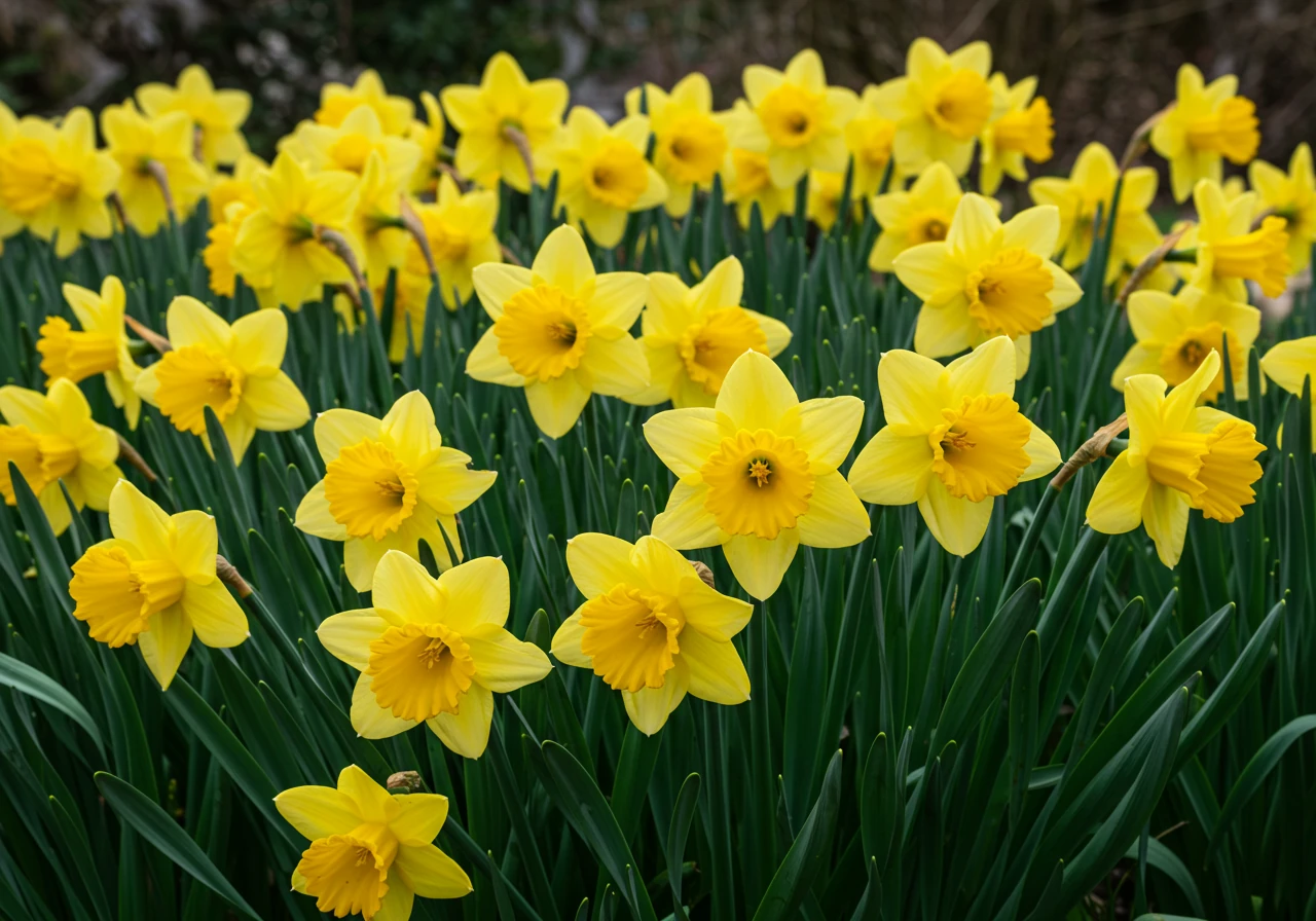 A clear photograph highlighting a key deer-resistant bulb, like a dense cluster of bright yellow Daffodils (Narcissus) blooming cheerfully in a garden bed or naturalized in a lawn area. The image should convey spring vibrancy and the plant's healthy, untouched appearance.