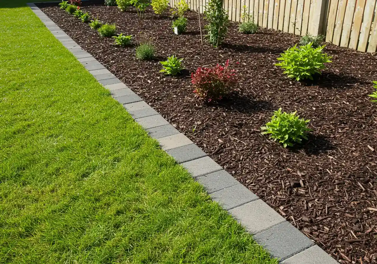 A visually appealing garden scene showcasing a sharply defined edge between a neat lawn and a well-mulched garden bed. The edge could be a crisp spade cut or made with natural stone pavers. The bed contains healthy, well-spaced plants and is covered with a layer of dark brown wood chip mulch. The image emphasizes contrast and tidiness.
