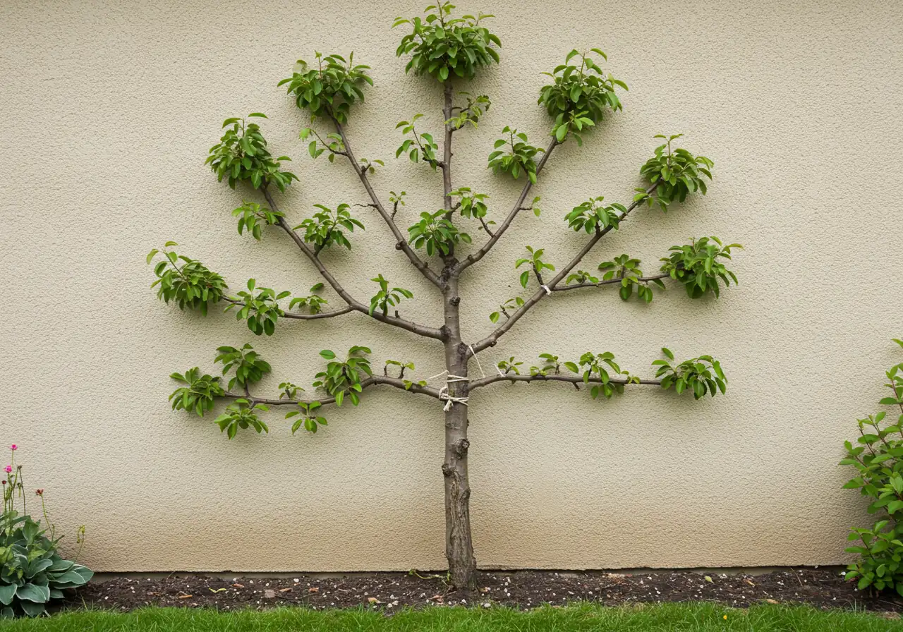 An image illustrating a different common espalier pattern, such as a fan shape, to visually complement the text mentioning various classic patterns (cordons, fans, candelabras). This helps readers understand the versatility of the technique beyond a simple horizontal form.