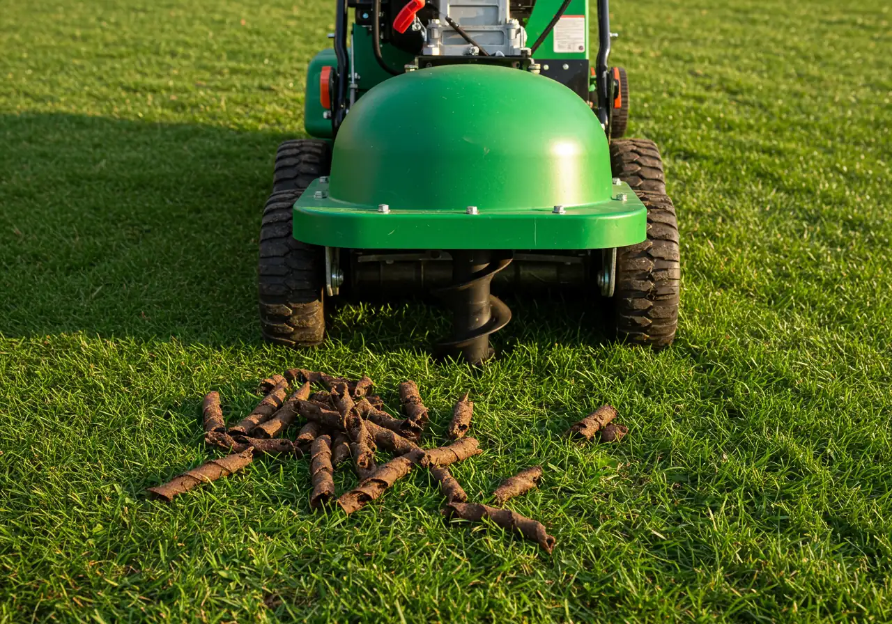 A close up, ground level, top down view, of a core aeration machine being pushed through a lawn, and extracted soil cores laying nearby.