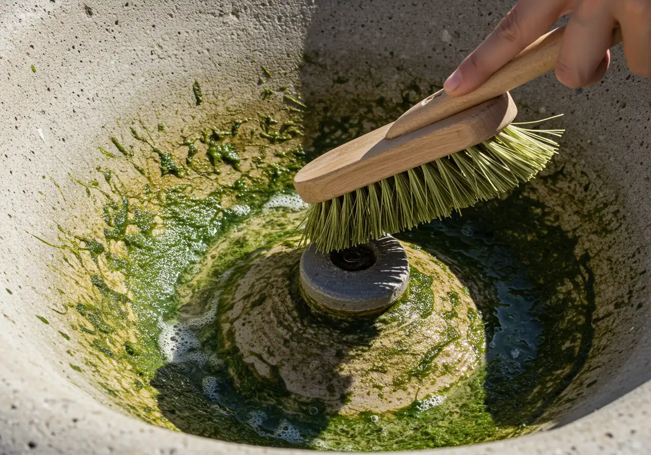 An action shot illustrating the cleaning process. Show a stiff-bristled cleaning brush actively scrubbing the inside surface of an empty or partially drained fountain basin. Focus on the brush head removing grime or light algae buildup from the fountain surface (e.g., concrete or ceramic). No hands visible, just the brush and surface.
