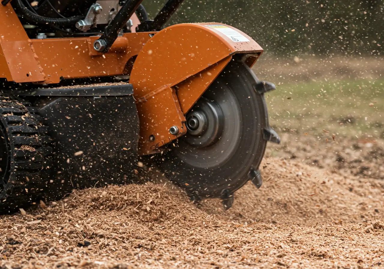 An action shot focused tightly on the cutting wheel of a stump grinder actively engaging with a tree stump. Wood chips should be visibly flying, emphasizing the power and efficiency of the machine without showing the operator or the full machine.