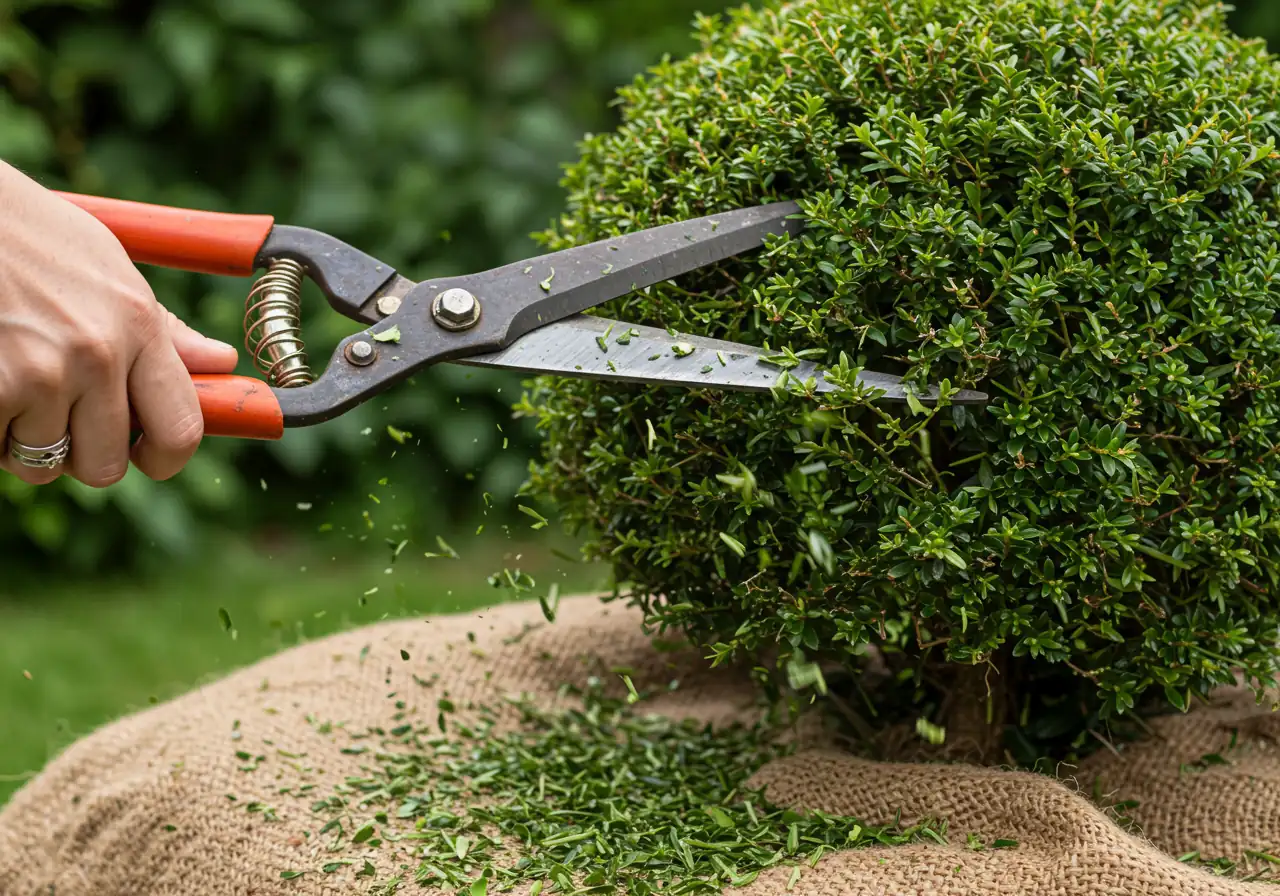 A close-up action shot focusing on topiary shears making a precise cut on a dense evergreen shrub (like boxwood), shaping it into a sphere. Focus on the blades cleanly snipping small twigs. Avoid showing hands, just the tool interacting with the plant.