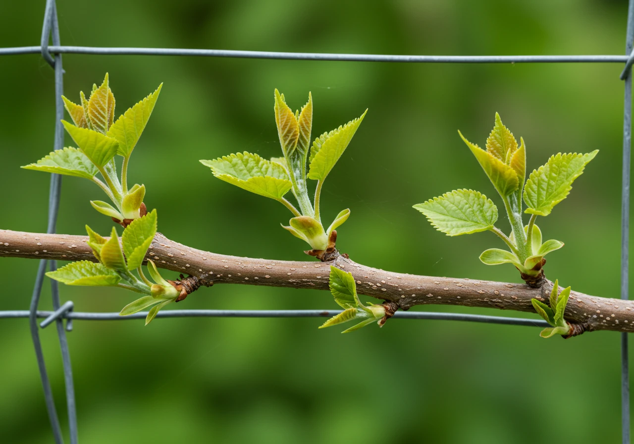 An image demonstrating the concept of summer pruning. It should show a close-up of an espaliered branch with new leafy side shoots being trimmed back, leaving just a few leaves near the base, illustrating the technique for encouraging fruiting spurs.