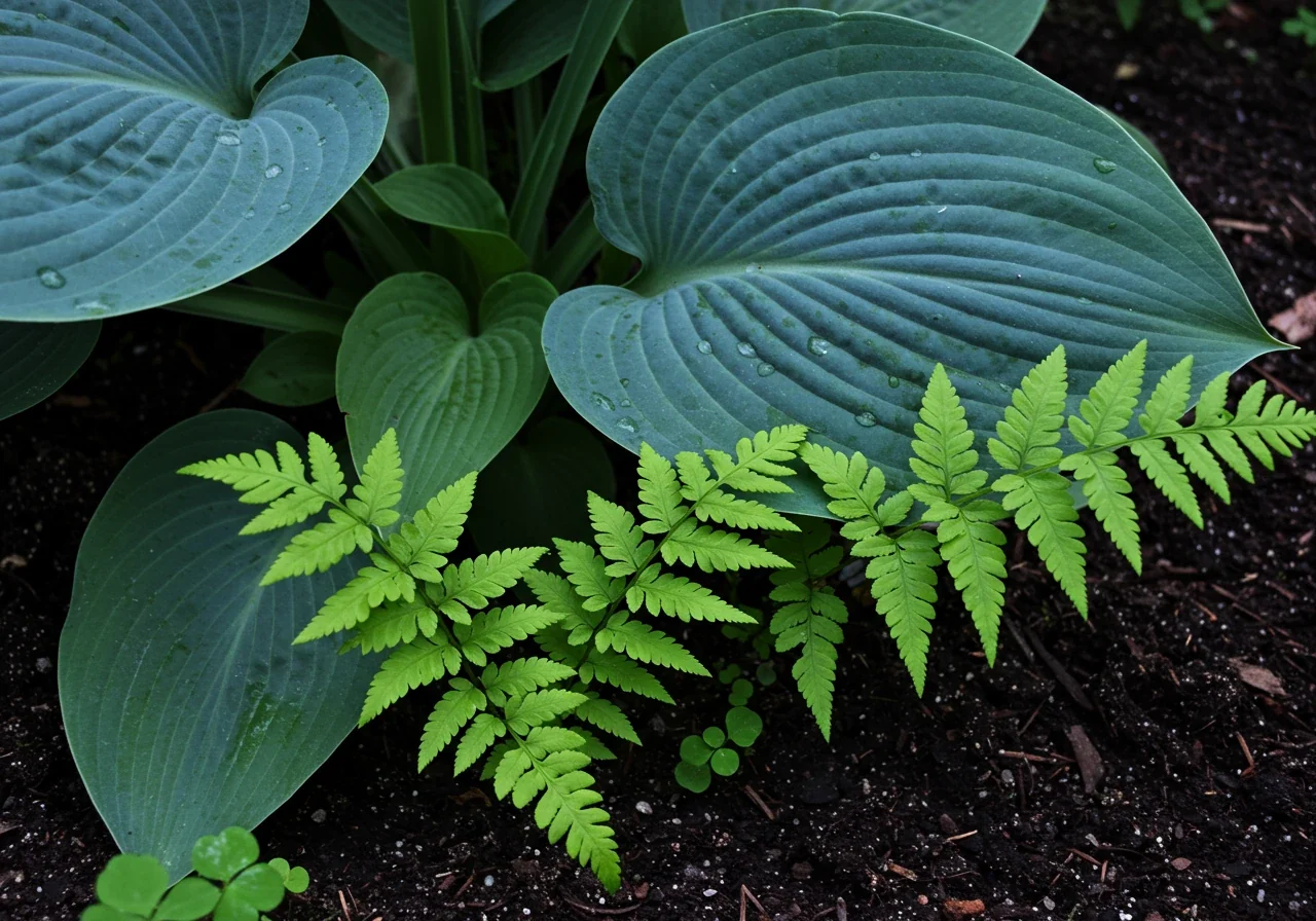 A close-up composition showcasing the textural and color contrast between different shade-loving perennials. Feature the bold, sculptural leaves of a blue-grey Hosta variety planted next to the delicate, feathery fronds of a Maidenhair Fern. The plants should look healthy and well-established in rich, dark garden soil, perhaps with a hint of moisture.