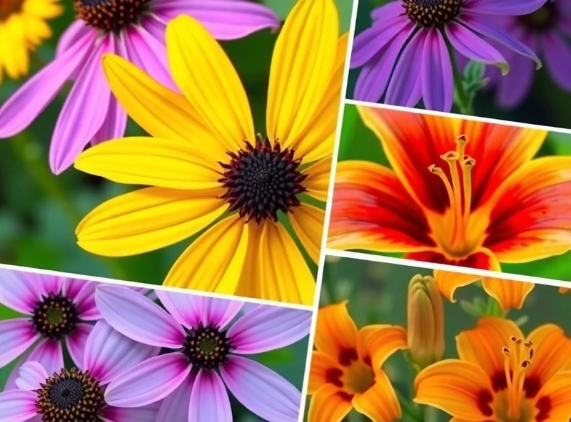 A vibrant, close-up collage showcasing a variety of Ottawa-friendly plants. Include a mix of perennials, annuals, and shrubs. Specifically, show purple coneflowers (Echinacea), bright yellow Black-Eyed Susans (Rudbeckia), a cluster of pink and white petunias, vibrant orange daylilies (Hemerocallis), and a section of green hosta leaves with white edges. The plants are arranged in a visually appealing way, with some overlapping, demonstrating different textures and colors. The lighting is bright and natural, highlighting the details of each plant.