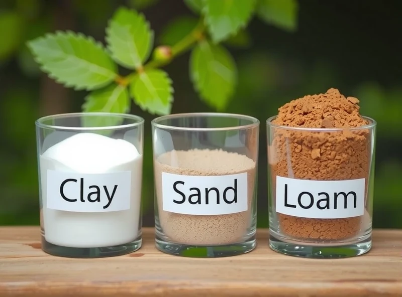 A visual comparison of three soil types common in the Ottawa region: clay, sand, and loam. Each soil type is presented in a separate, clear glass container, allowing the viewer to see the texture and composition. The clay soil appears dense and reddish-brown, forming a solid, almost brick-like mass. The sandy soil is pale, loose, and granular, with visible spaces between particles. The loam soil is dark brown, crumbly, and appears rich and well-structured. The containers are arranged side-by-side on a natural wood surface, against a blurred background of green foliage.