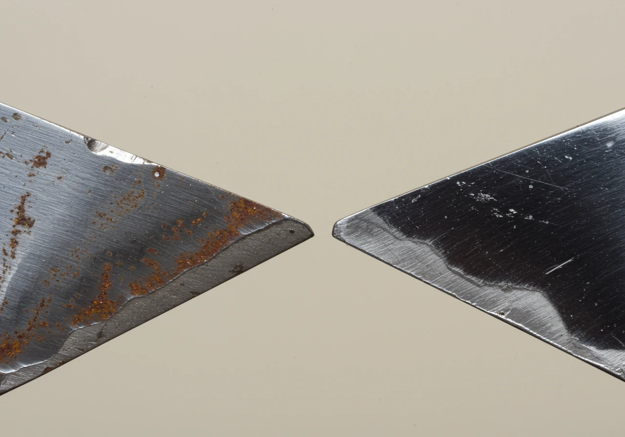 A split-image concept or a very close-up shot comparing the cutting edge of two identical spades. One side shows a dull, slightly rusted, or dirty edge, while the other side shows a gleaming, sharp, well-maintained edge, highlighting the difference.
