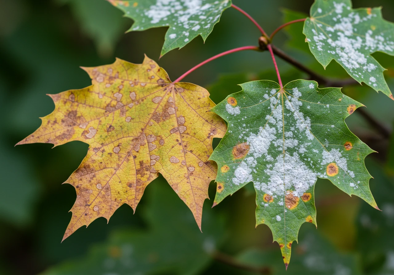A close-up image showcasing common tree leaf diseases. Focus on leaves (perhaps maple or oak) displaying symptoms like prominent yellow/brown spots (leaf spot) or a dusting of white powdery mildew.