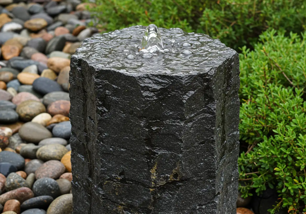 A close-up photograph focusing on a bubbling rock or urn water feature, highlighting its simplicity and suitability for smaller spaces. The image should show water gently bubbling from the top of a decorative stone or urn and flowing down the sides into a bed of pebbles.