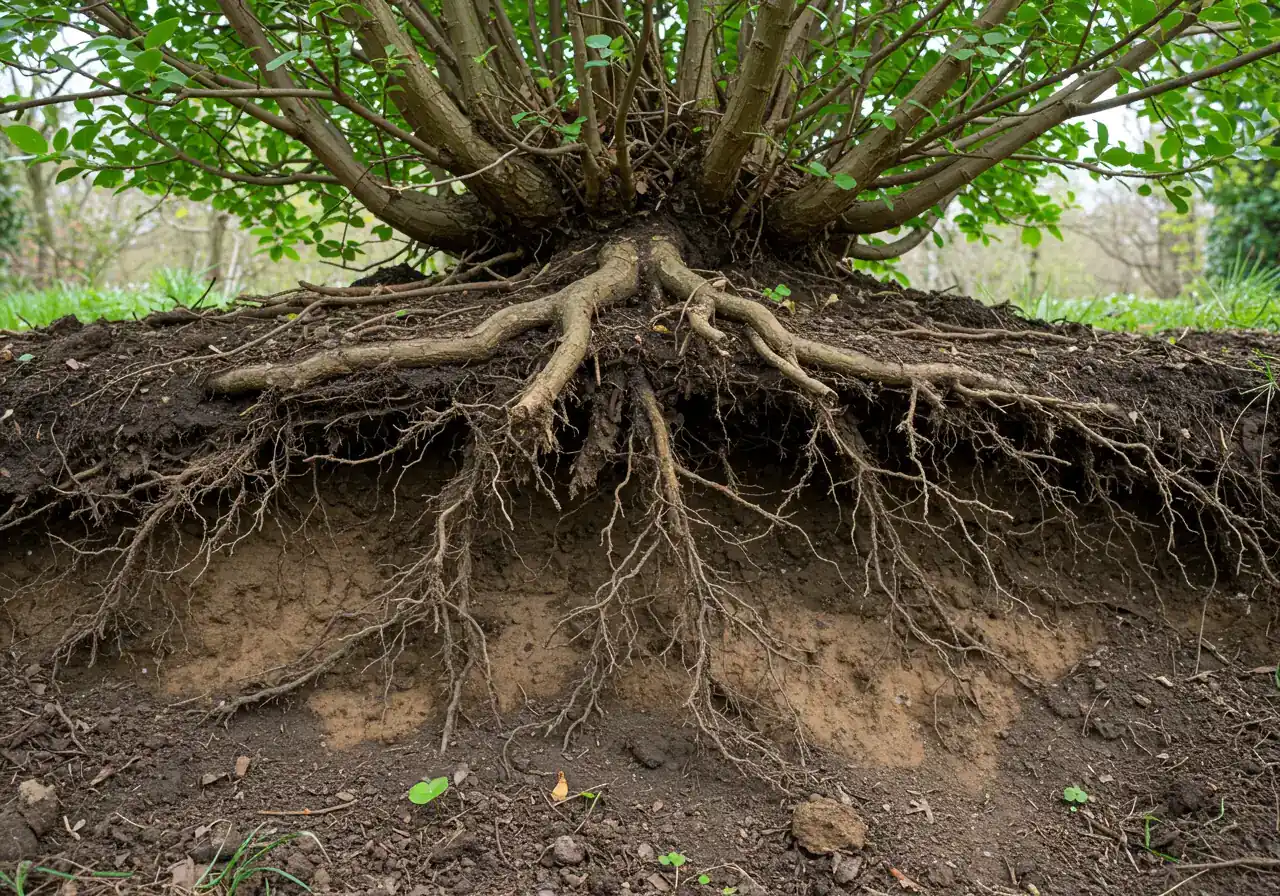 A close-up, detailed photograph focusing on the base of a mature shrub planted on a slope, where the surrounding topsoil has washed away, clearly revealing the upper network of woody roots that were previously covered.