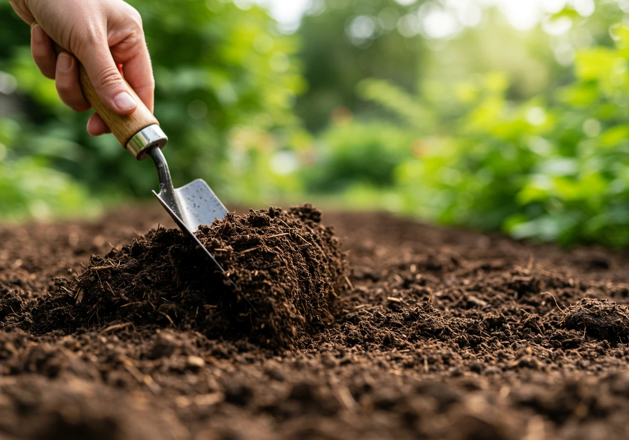 A close-up photograph focusing on rich, dark garden soil being lightly turned over with a hand trowel. Show visible compost or organic matter mixed in, highlighting healthy soil texture. The background should be softly blurred garden foliage under summer sunlight, suggesting active garden assessment.
