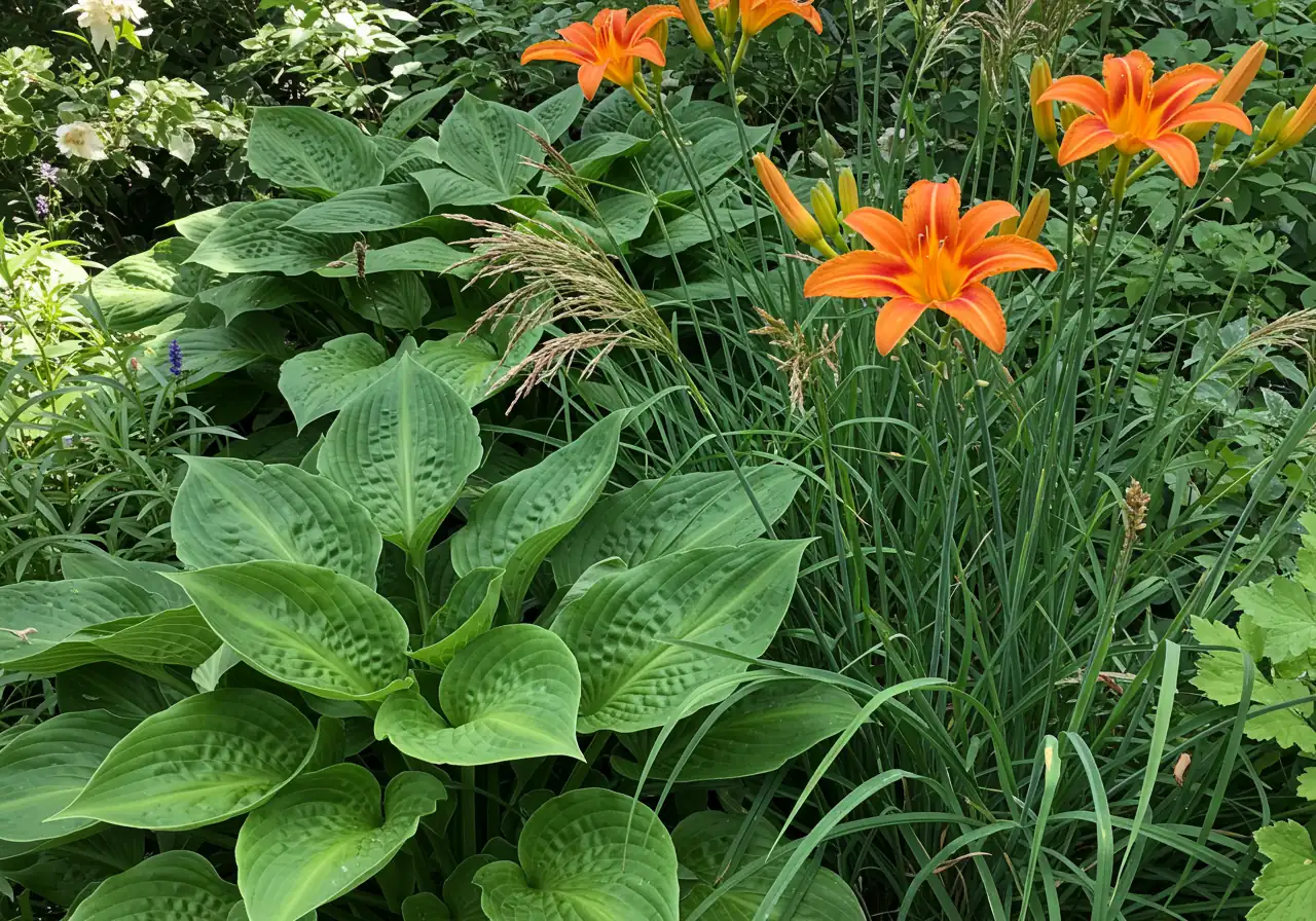 A close-up photograph of a thriving garden bed specifically featuring plants known to be hardy in Ottawa (Zone 5b). Showcase a mix of textures and forms, such as broad Hosta leaves, spiky ornamental grass plumes (like Feather Reed Grass), and colourful flowering perennials (like Daylilies or Peonies in bloom), all looking healthy and well-suited to their environment.