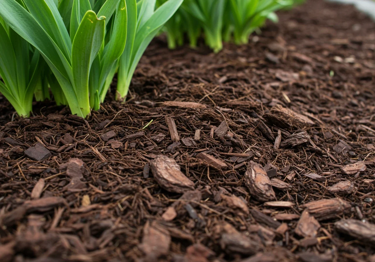 A detailed close-up photograph capturing a thick layer of dark brown shredded bark mulch applied evenly around the base of several healthy, green perennial plants in a garden bed. The mulch texture should be clearly visible, covering the soil surface completely. Bright, natural daylight illuminates the scene, highlighting the contrast between the dark mulch and vibrant green foliage. Focus is sharp on the mulch and plant bases.