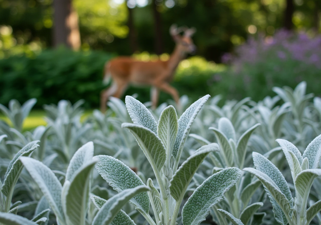 A close-up, eye-level shot focusing on a patch of Lamb's Ear (Stachys byzantina) with its distinctive fuzzy, silver leaves. In the slightly blurred background, a deer is visible walking past the Lamb's Ear, completely ignoring it, perhaps sniffing at something else further away. This visually demonstrates deer avoiding plants with undesirable textures.