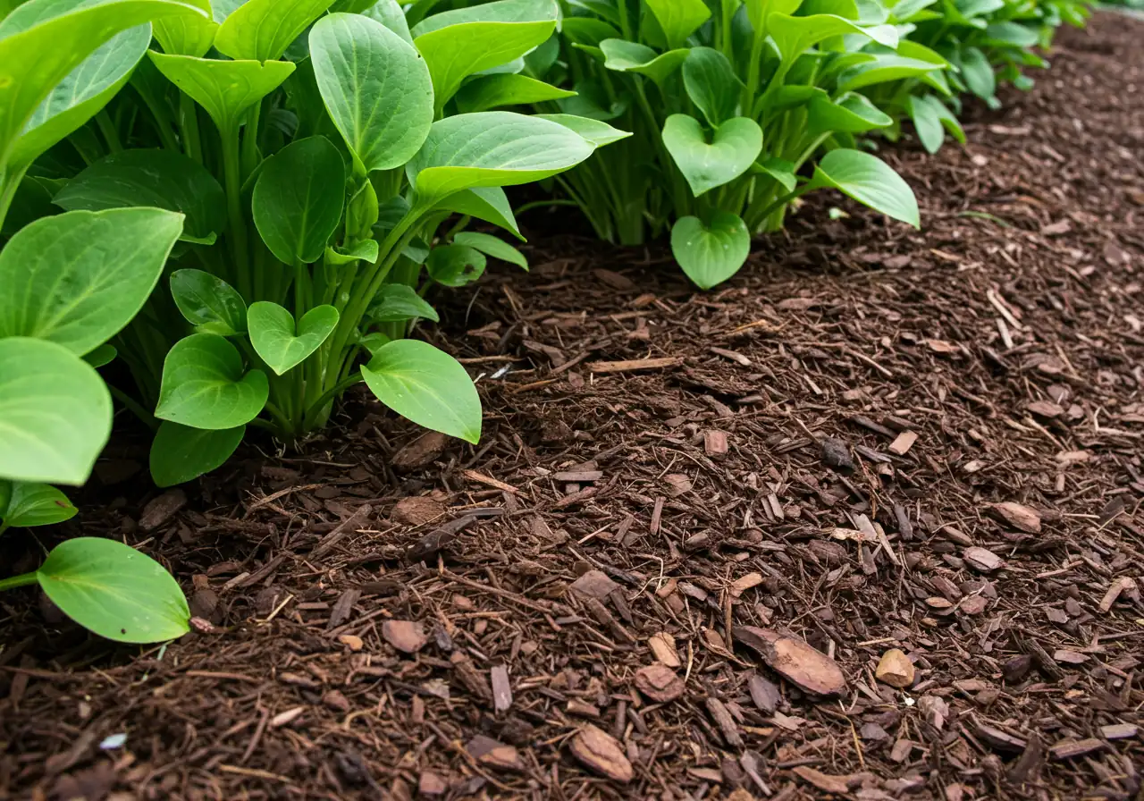 A detailed close-up photograph focusing on a freshly mulched garden bed. Show a neat layer of dark brown shredded bark mulch surrounding the base of several healthy perennial plants (like hostas or ferns), ensuring space is left around the stems. The soil beneath should be barely visible. Emphasis on the clean look and texture of the mulch.