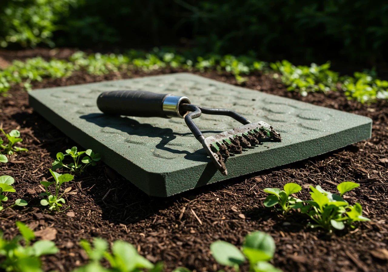 A close-up view focusing on a thick foam gardening kneeling pad placed beside a cluster of small weeds in a mulched flower bed. An ergonomic hand weeder with a comfortable grip rests on the pad, implying its recent use for comfortable, close-up weeding.