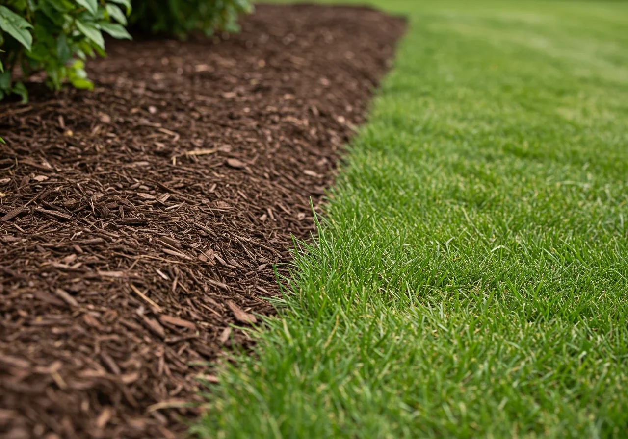 A close up shot of a mulched flower bed with a clearly defined edge. The mulch (shredded bark) is a uniform dark brown and is tapered neatly down to the grass. The edge between the mulch and the bright green, healthy grass is crisp and straight, approximately 3-4 inches deep, showcasing the professional edging technique. No weeds are visible.