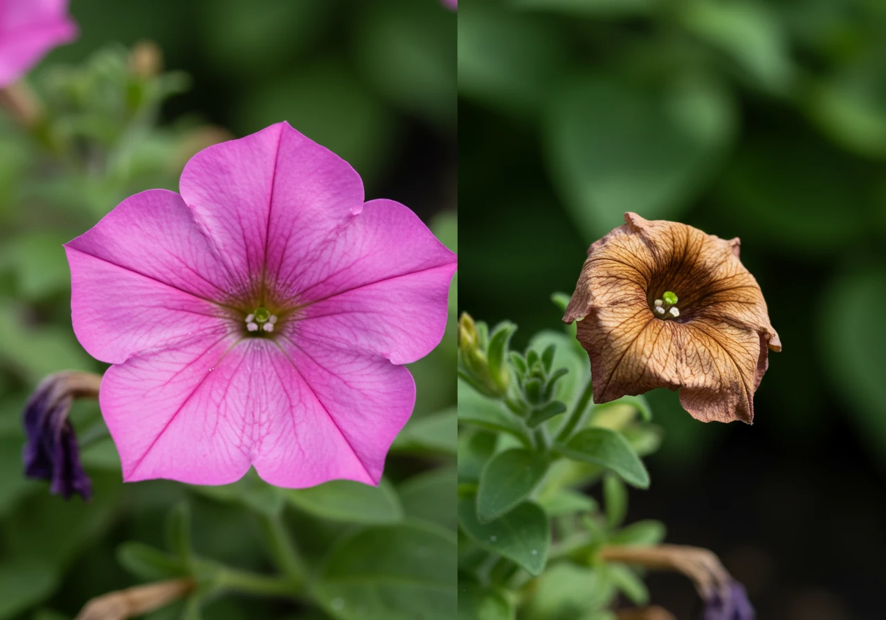 A close-up image focusing on a flowering plant (like a petunia or zinnia) showing both a vibrant, fresh bloom and a spent, withered flower head on nearby stems. This visual contrast clearly illustrates what a 'faded flower' looks like that needs deadheading, encouraging the viewer to take action for more blooms.