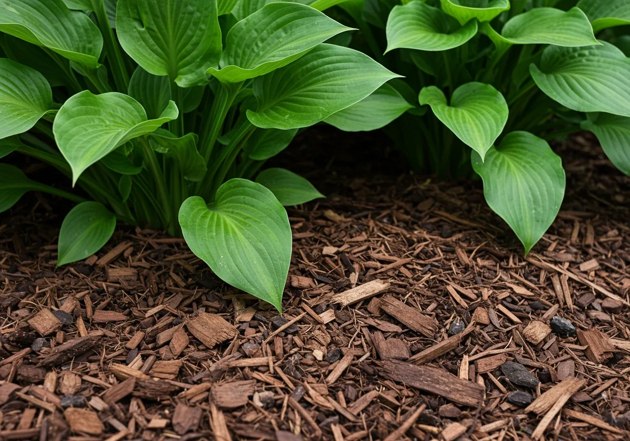 A close-up view showing rich, dark brown wood chip mulch spread evenly and thickly around the base of healthy garden shrubs (e.g., hydrangeas or hostas). The mulch covers the soil surface clearly, illustrating its use in landscaping.
