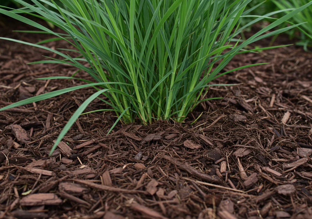 A clear, detailed close-up photograph illustrating proper mulching technique around the base of a young native plant (e.g., Little Bluestem grass). The image should show a 2-3 inch layer of dark brown shredded bark mulch spread evenly over the soil surface, pulled back slightly from the plant's stem to prevent rot. Focus on the texture of the mulch and its contrast with the plant base.