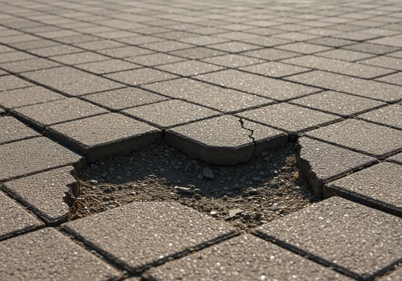 A close-up, ground-level shot of an interlocking paver patio showing significant signs of failure due to poor base preparation. Some pavers are sunken, others are lifted (heaved), creating an uneven surface with wide gaps between them, possibly with weeds emerging.