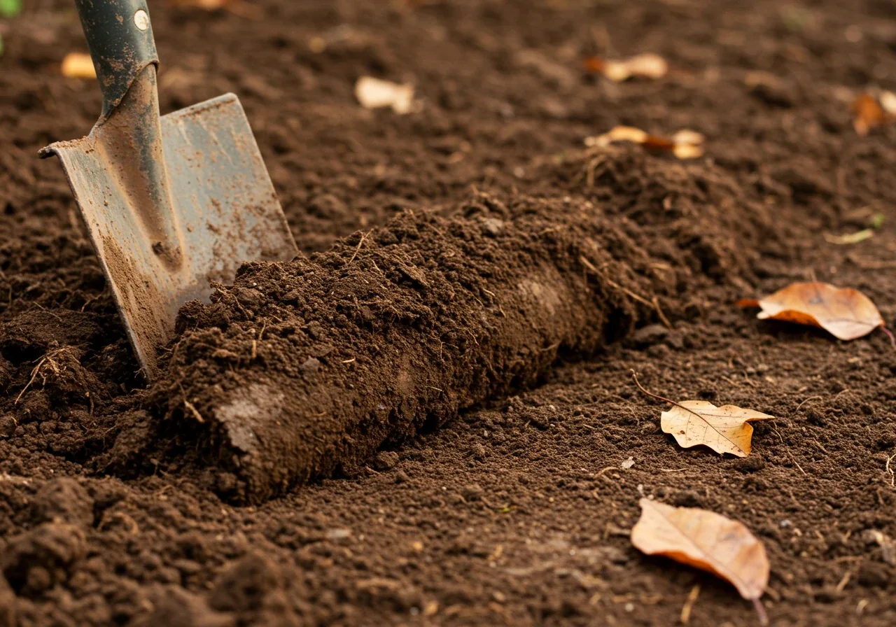 A close-up, ground-level photograph illustrating the challenging texture of heavy clay soil. The image should show a garden spade partially dug into dense, clumpy, slightly moist brown clay soil, emphasizing its heavy structure and difficulty to work with. Subtle autumn leaves could be scattered nearby.
