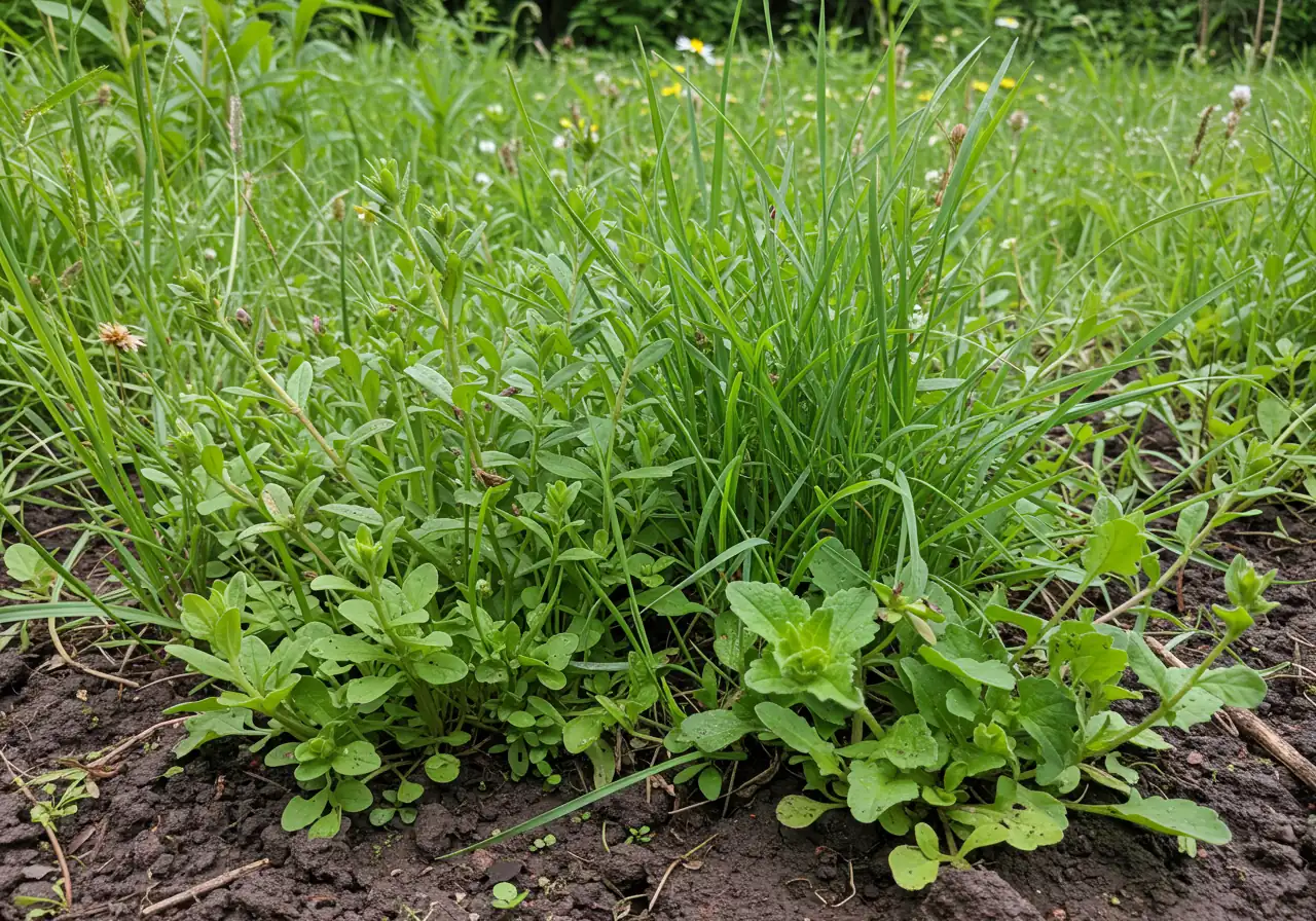 A close-up, ground-level view showcasing healthy, thriving native Ontario wildflowers and grasses growing robustly in rich, dark soil, possibly with a slight clay texture visible. The focus should be on the vibrant plant health and texture of the soil, implying successful plant selection for specific conditions.