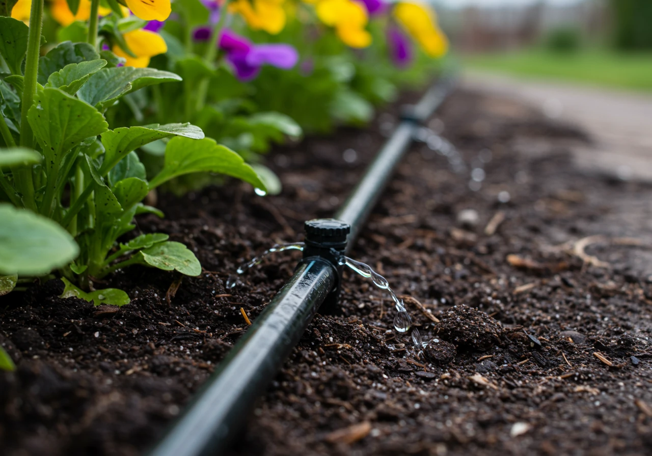 A close-up, ground-level view of a black drip irrigation tube snaking through a flower bed filled with dark, moist soil. Water droplets are clearly visible emerging from emitters along the tube, creating small wet patches directly at the base of colourful flowering plants (like petunias or marigolds). The focus is sharp on the drip line and the water droplets, with the surrounding plants slightly blurred.