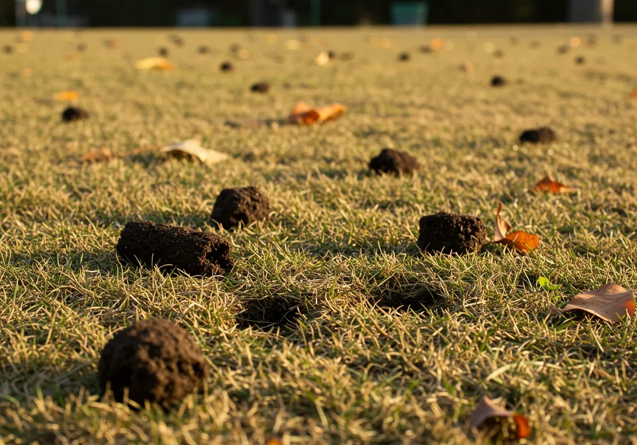 A close-up, ground-level photograph focusing on the results of fall lawn aeration. Small, distinct plugs of soil are scattered across the surface of a dormant, tan-brown autumn lawn. The aeration holes are clearly visible in the turf. A few scattered, dry autumn leaves might be present on the lawn for context. The lighting suggests late afternoon in the fall.