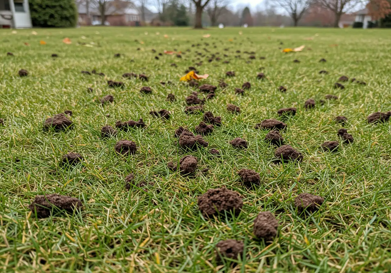 Close-up, ground-level view of a section of lawn recently core aerated. Small cylindrical soil plugs are scattered on the surface of the dormant grass, and the aeration holes are clearly visible in the turf.