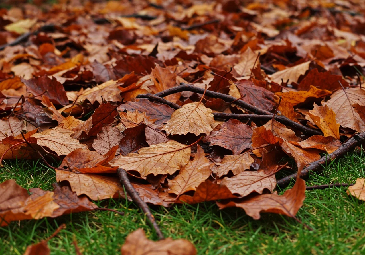 A close-up, ground-level view of a large pile of wet, heavy autumn leaves matted together on a lawn. Include some fallen twigs and maybe a stray acorn mixed in to emphasize the debris density. The lighting should suggest a damp, overcast fall day.
