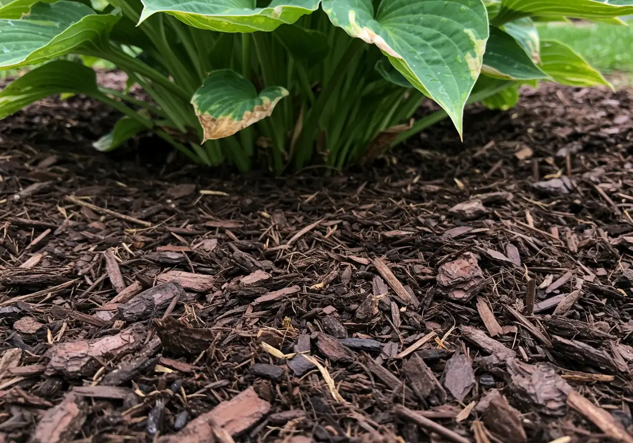 A close-up, ground-level photograph showing a correctly mulched garden bed. Dark brown shredded bark mulch is spread evenly around the base of healthy green perennial plants (like hostas), with a clear gap maintained between the mulch layer and the plant stems. The texture of the mulch and the healthy base of the plants should be clear.