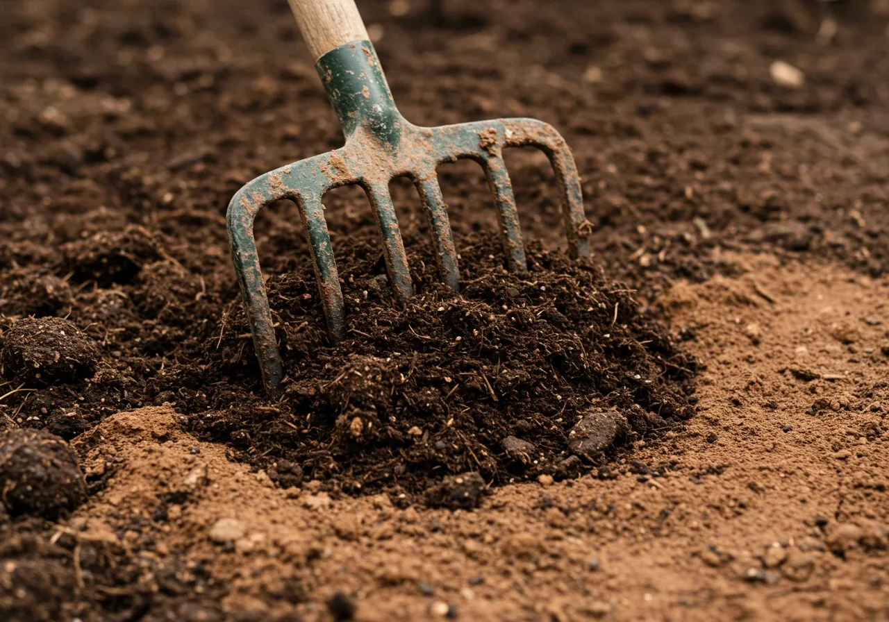 A close-up, ground-level shot focusing on the texture contrast where dark, rich compost is being lightly mixed into dense, lighter-colored clay soil. A small portion of a garden fork's tines can be visible actively turning the soil, but no hands or person. Emphasize the crumbly texture of the amended soil versus the cloddier clay.