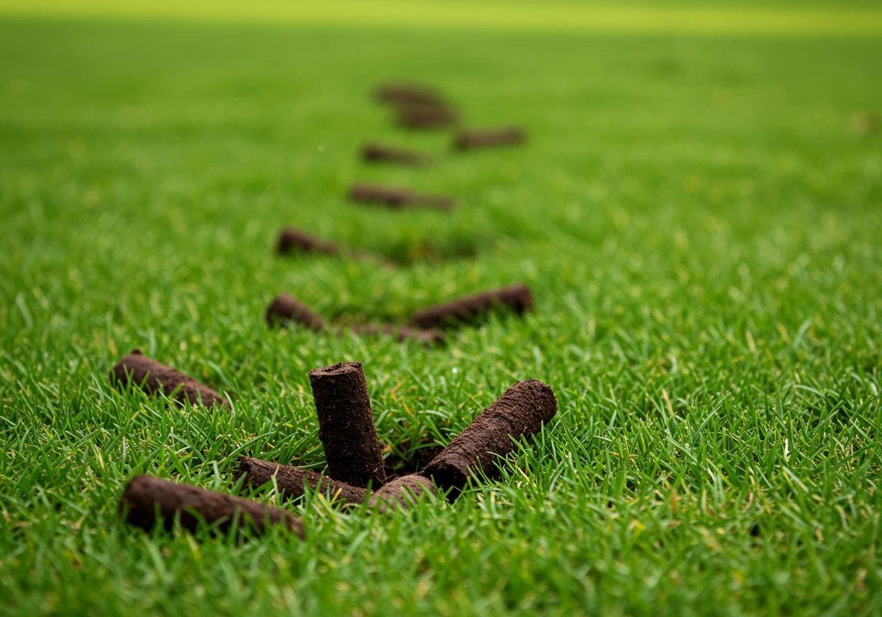 A close-up, ground-level view of a lawn immediately after core aeration. The image should clearly show the cylindrical soil plugs (cores) lying on the grass surface next to the holes they were pulled from. Focus on the texture of the plugs and the openings in the turf, illustrating the concept of removing soil cores.