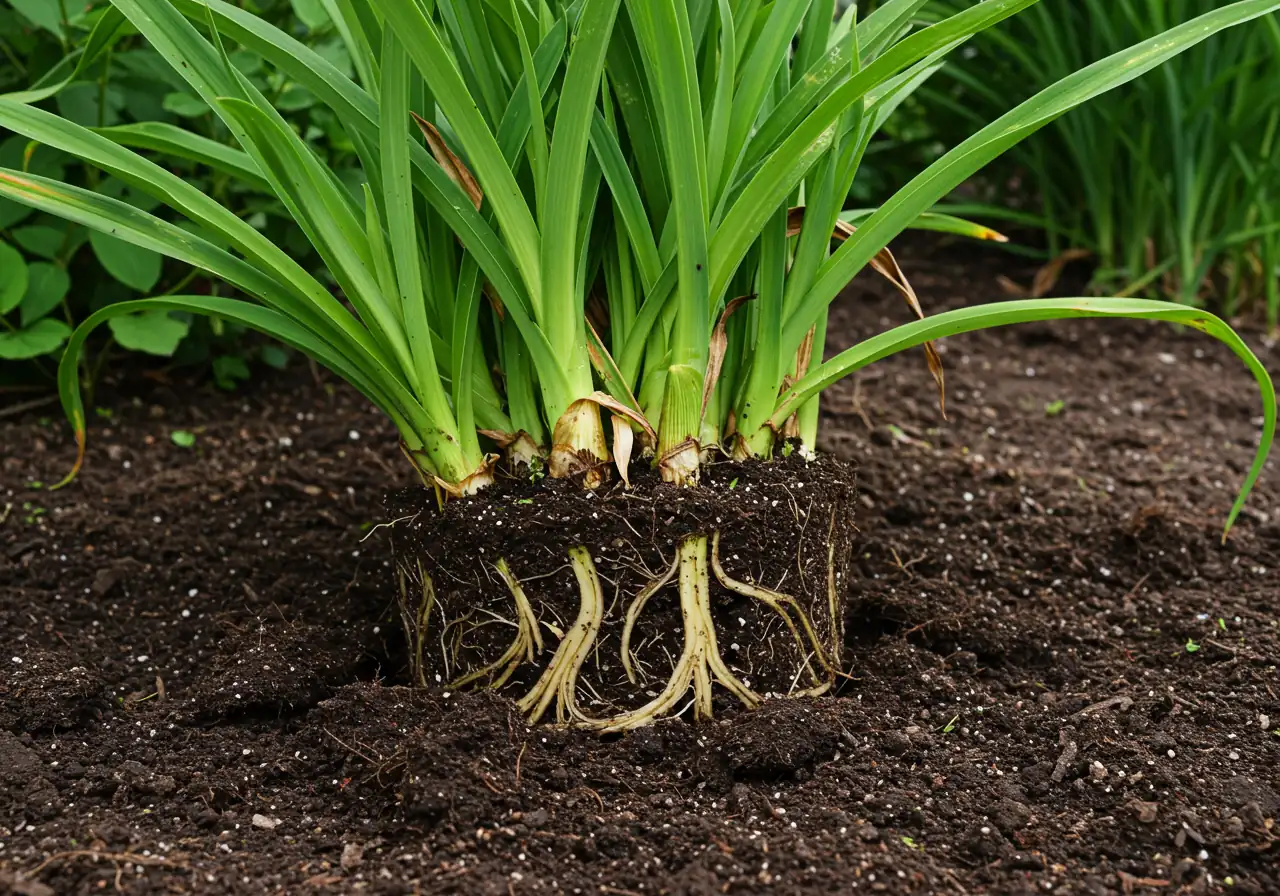 A ground-level photograph showing a freshly divided perennial clump (e.g., a daylily or hosta) resting on bare soil. The image should clearly display the healthy, fibrous roots and several distinct growing points ('eyes' or shoots) on one of the divisions, ready for replanting, illustrating the concept of perennial division.