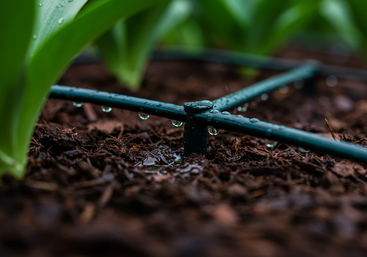 A close-up photograph focusing on several drip emitters installed in a garden bed with dark, loamy clay soil. Water droplets should be clearly visible emerging slowly from the emitters and dampening the soil directly around the base of healthy green plant stems (like hostas or vegetables). The drip line tubing should be partially visible.