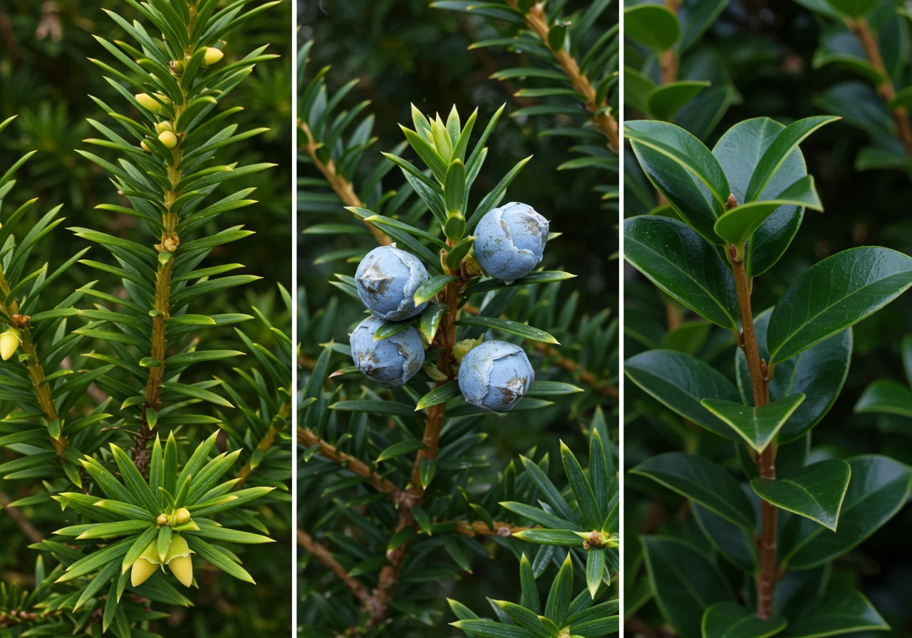 A close-up composition showcasing the distinct textures of three different evergreen plants suitable for topiary in Ottawa. Feature the fine needles of a Yew (Taxus), the scale-like foliage of an upright Juniper (Juniperus), and the small, dense leaves of an Inkberry Holly (Ilex glabra) or hardy Boxwood alternative. Presented side-by-side or in distinct sections within the frame for clear comparison.