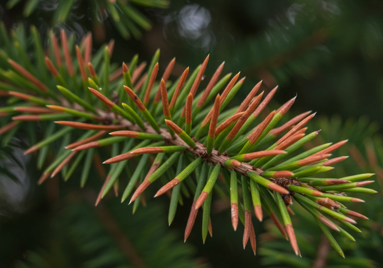A close-up, detailed photograph focusing on the brown, dried-out needles of a small evergreen shrub, illustrating winter burn (desiccation). The background shows a hint of a cold, possibly snowy, winter garden scene, emphasizing the environmental stress.