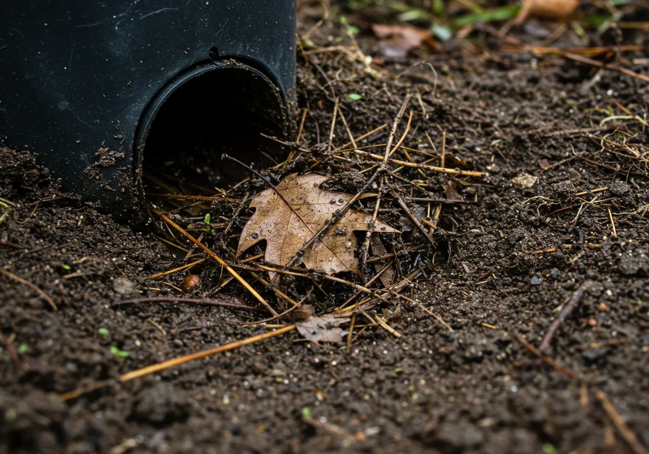 A close-up, detailed photograph focusing on the inlet area of a rain garden. This could be a rock-lined channel or the end of a downspout extension pipe entering the garden. The key is showing it partially clogged with accumulated winter debris: soggy leaves, twigs, silt, and possibly some grit.