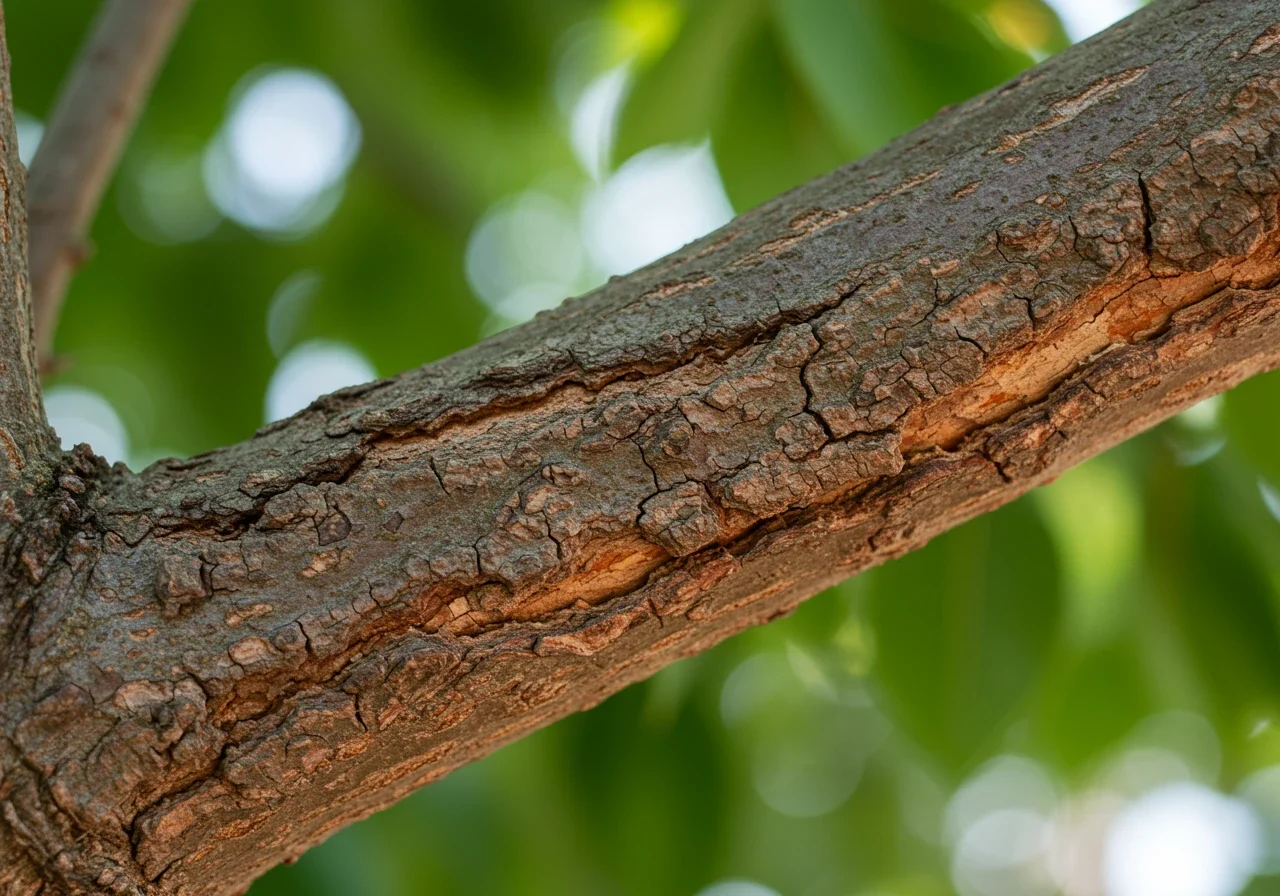 A close-up photograph focusing on a diseased or damaged tree branch still attached to the tree. The image should clearly show characteristics like dead, brittle wood, peeling bark, or fungal growth mentioned in the 'Health Kickstart' point, visually emphasizing the type of branch that needs removal for tree health.