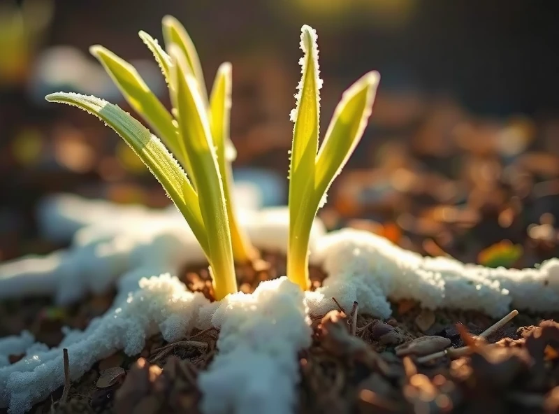 A close-up shot of frost heave, showing a perennial plant pushed up out of the soil, with visible roots and surrounding soil disrupted. The image should clearly illustrate the concept of frost heave, with a focus on the displaced plant and the uneven soil surface. The lighting should be natural and soft, like early morning light.