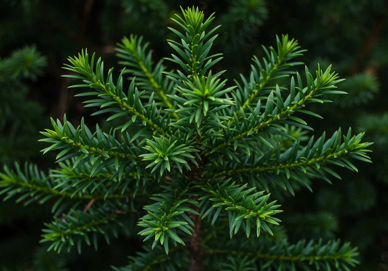 A close-up photograph focusing on the dense, dark green, needle-like foliage of a healthy Yew (Taxus) shrub. The image should highlight the texture and hardiness suitable for shaping, perhaps with a few branches slightly trimmed to suggest its suitability for topiary. Soft, natural light, possibly morning or late afternoon, emphasizing the plant's robust nature.