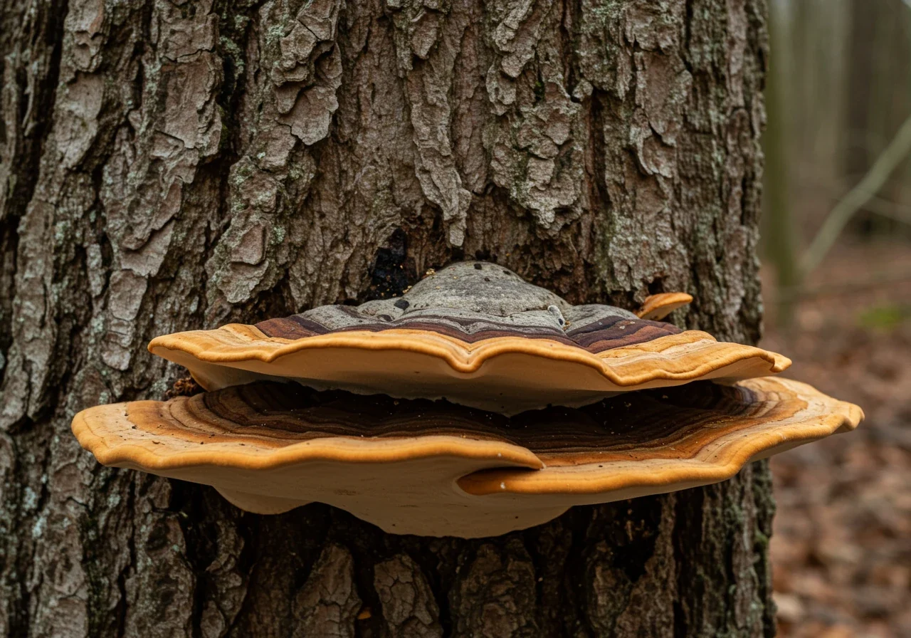 A clear, close-up photograph focusing on large, distinctive bracket fungi (like shelf fungus) growing visibly on the lower trunk near the base of a mature deciduous tree. The focus should be sharp on the fungus texture and attachment point to the bark.