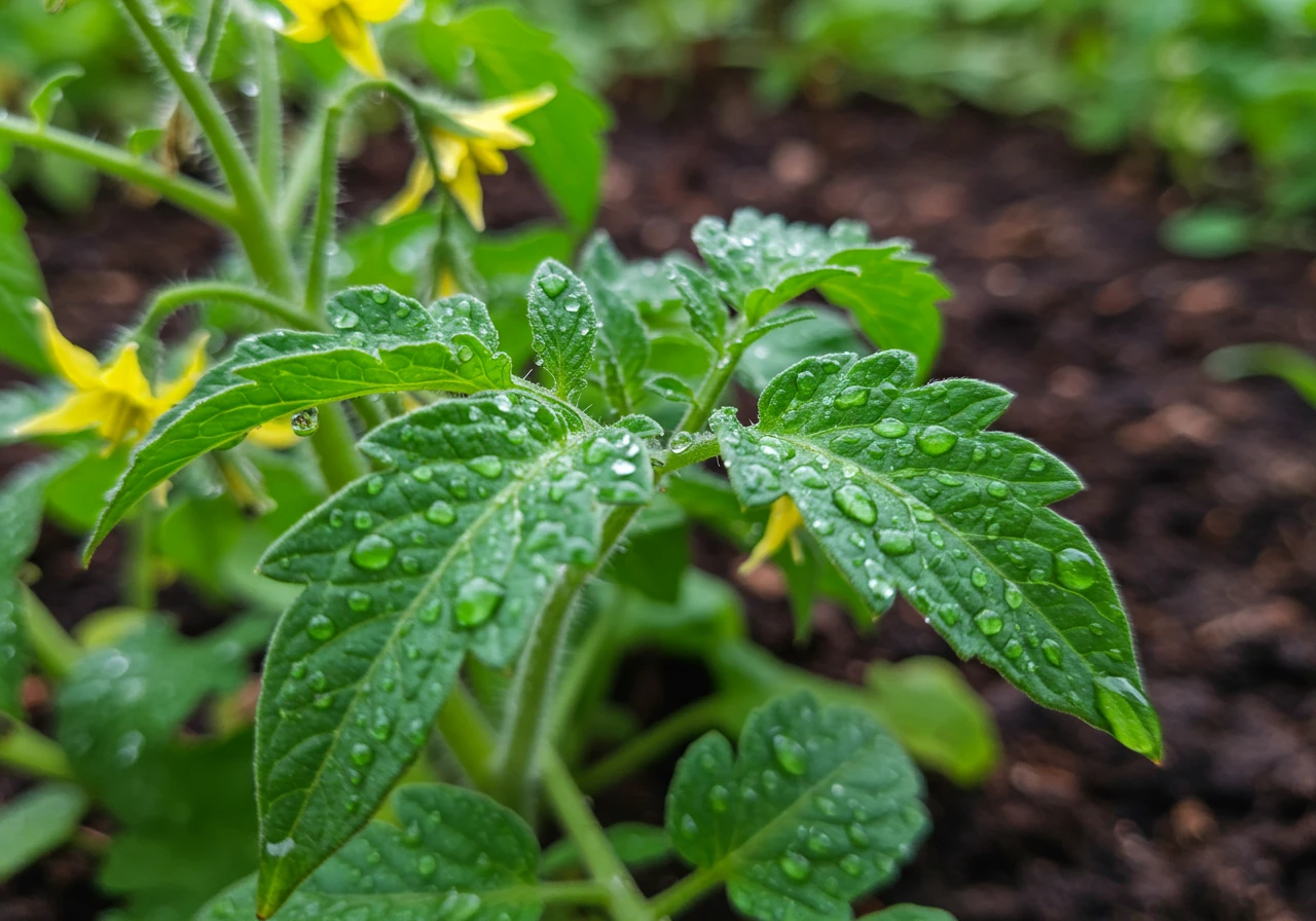 A close-up shot emphasizing the benefit of rainwater for plants. Focus on vibrant, healthy-looking flowers or vegetable plants (like tomato plants) in a garden bed, with glistening water droplets on their leaves, suggesting they have just been watered. The image should convey plant vitality.