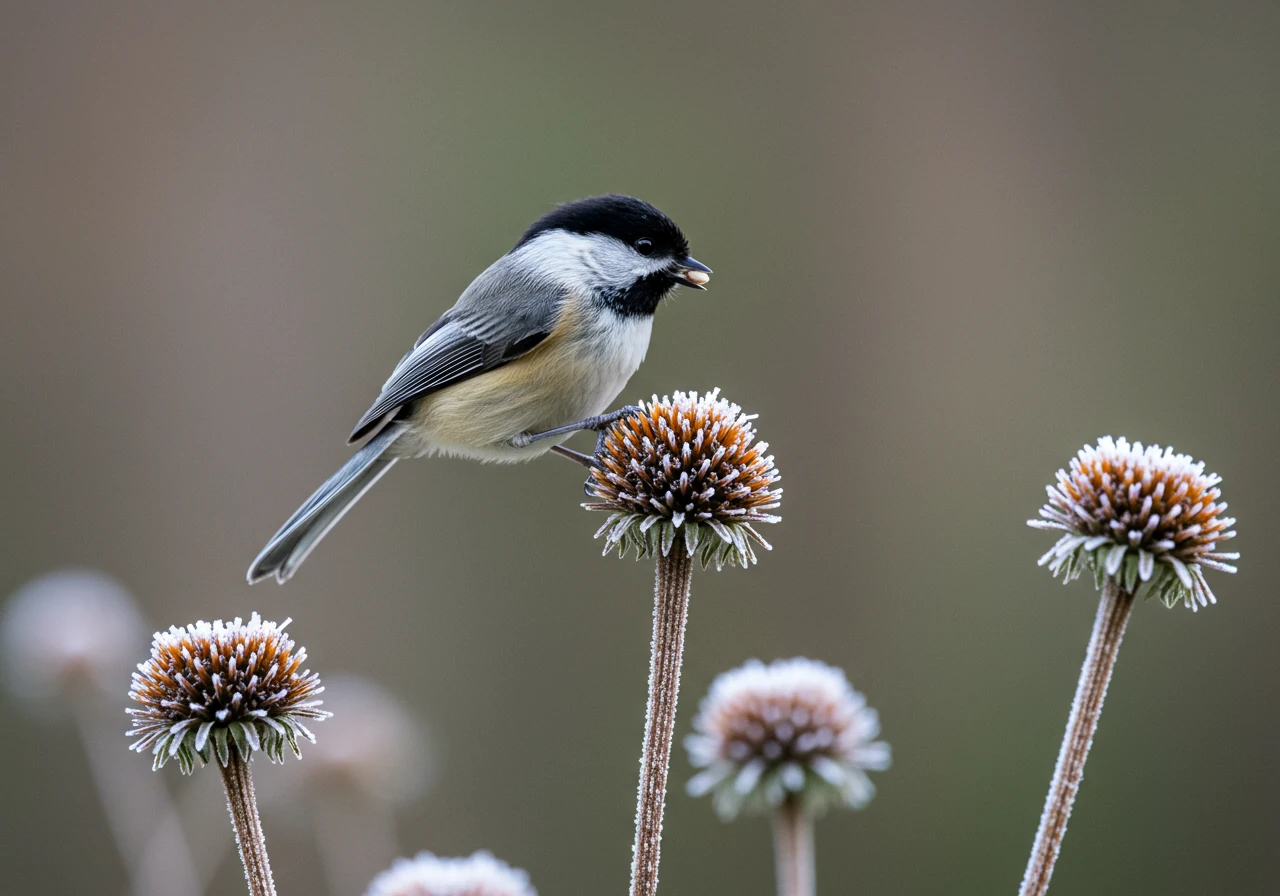 A picturesque autumn or early winter garden scene showcasing the beauty and ecological benefit of leaving seed heads. Focus on dried, structural seed heads of perennials like Coneflowers (Echinacea) or Sedum 'Autumn Joy' standing in the garden, perhaps lightly dusted with frost or catching the late afternoon sun. A small garden bird, like a chickadee or goldfinch, could be perched on or near a seed head, actively feeding.