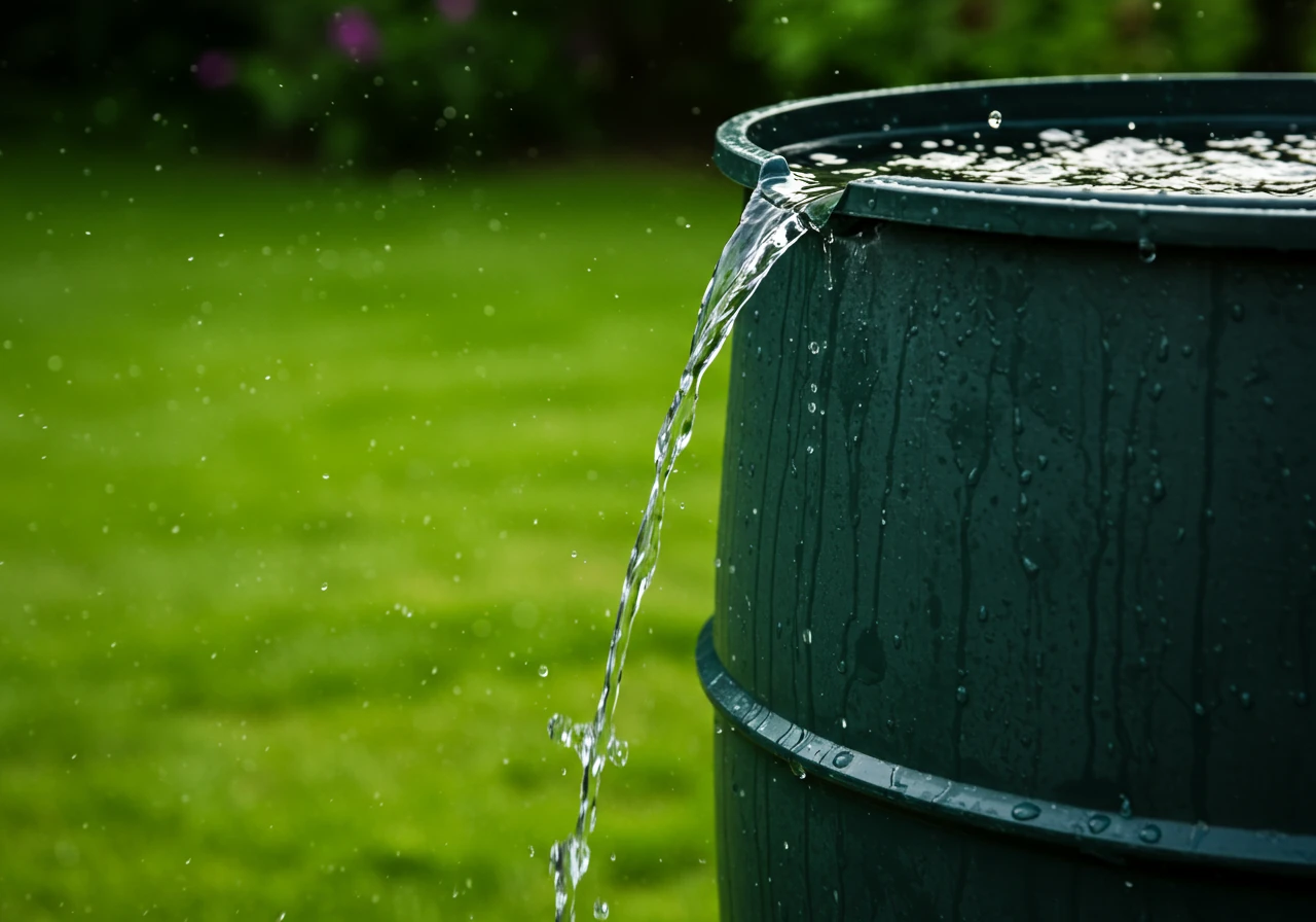 A close-up of a rain barrel overflowing slightly, with water gently cascading down its side. The barrel is situated next to a vibrant green lawn. The surrounding environment is lush and green, suggesting a healthy ecosystem. Water droplets should be visible and in focus. The scene should give the impression of conservation.