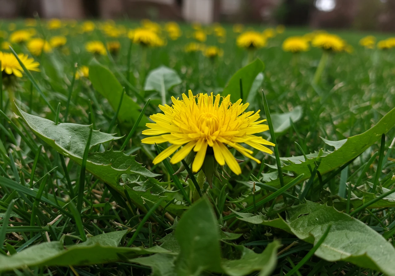 A close-up shot showcasing a patch of lawn heavily infested with dandelions. The bright yellow dandelion flowers and their jagged leaves are prominently displayed, contrasting sharply with the surrounding green grass. The image should clearly illustrate the problem of a weed infestation, making the dandelions the central focus.